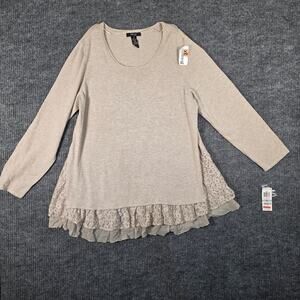 Style & Co 1X Boho Tunic Top Lace Hem Layered Oatmeal Beige Cottagecore NWT